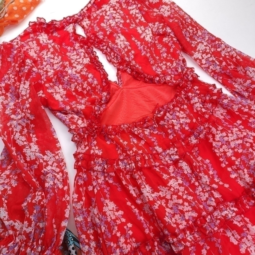 Red Pink Floral Boho Gorgeous Keyhole Back Dress Size M - Picture 14 of 14